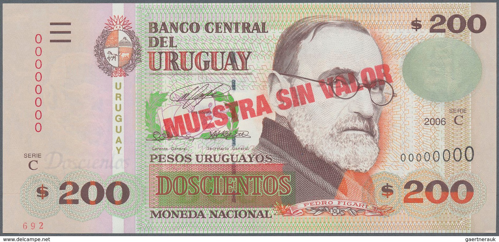 02603 Uruguay: Set Of 2 Notes Containing 200 And 500 Pesos 2006 Specimen P. 89s, 90s In Condition: UNC. (2 - Uruguay
