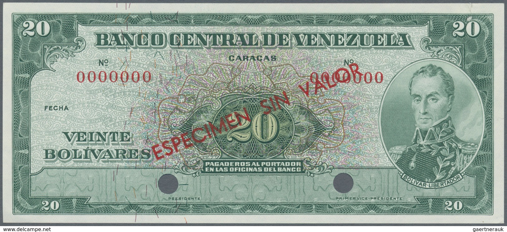 02604 Venezuela: 20 Bolivares ND Specimen P. 43s, Light Dints In Borders, Condition: AUNC. - Venezuela