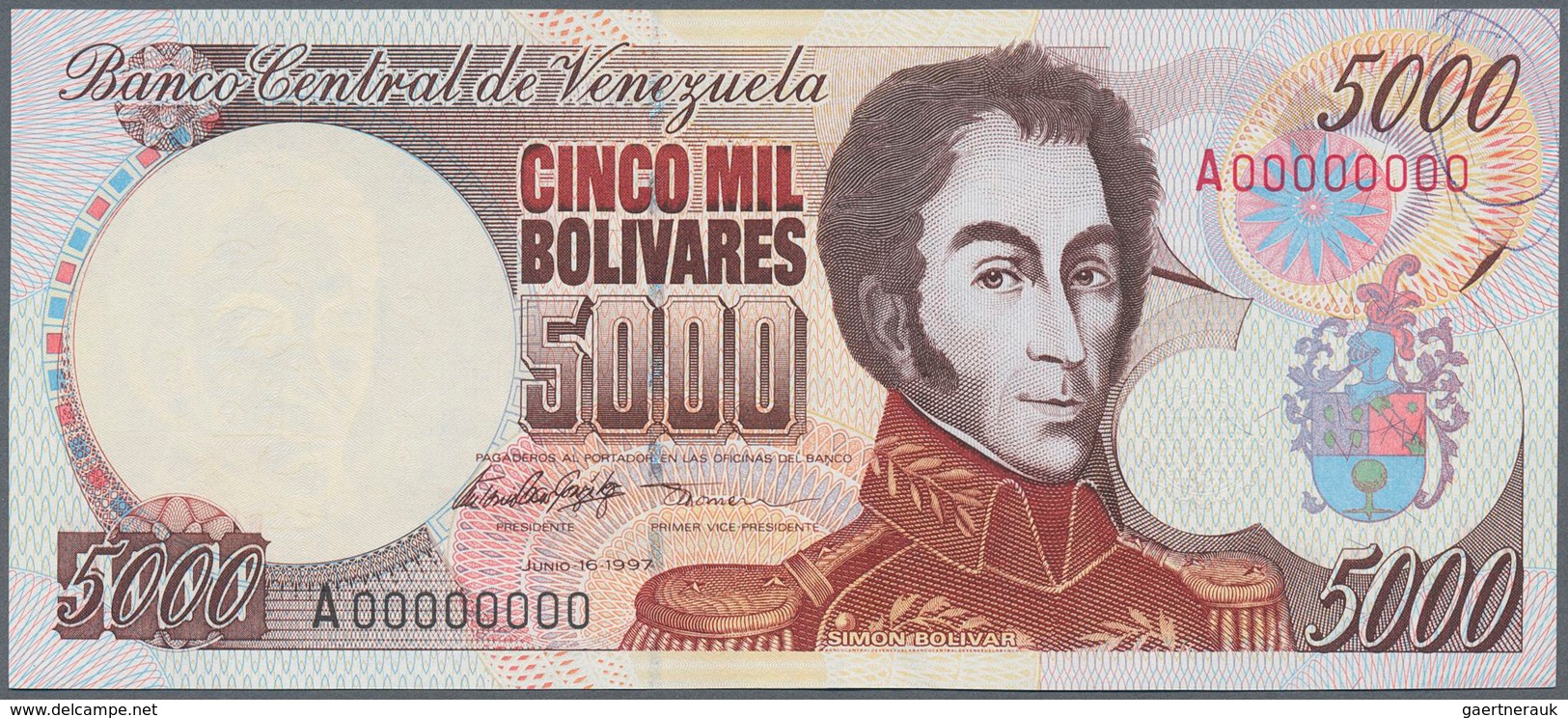 02606 Venezuela: 5000 Bolivares 1998 P. 78s, With Watermark, Zero Serial Numbers, Without Specimen Overpri - Venezuela