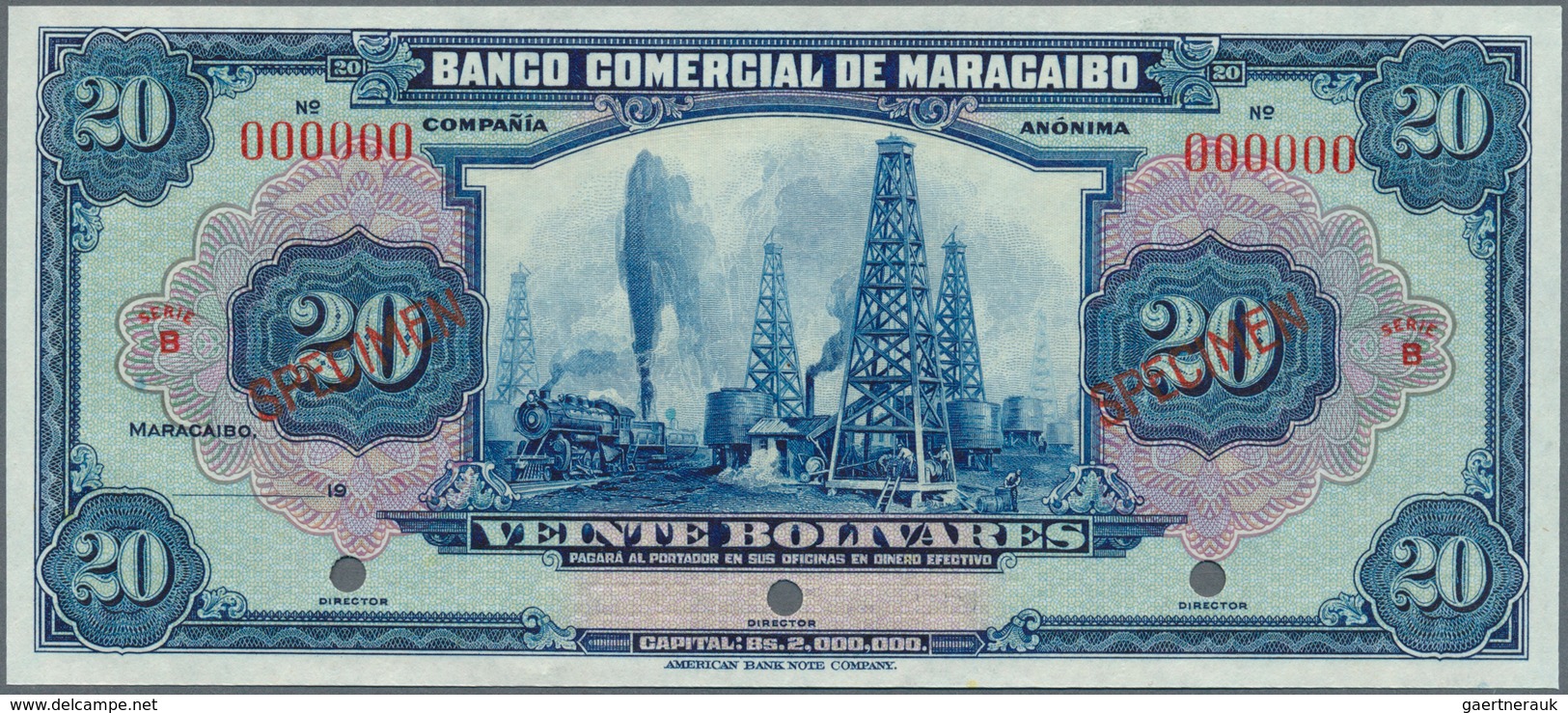 02607 Venezuela: Banco Comercial De Maracaibo 20 Bolivares Specimen Without Signatures And Date (1929), P. - Venezuela