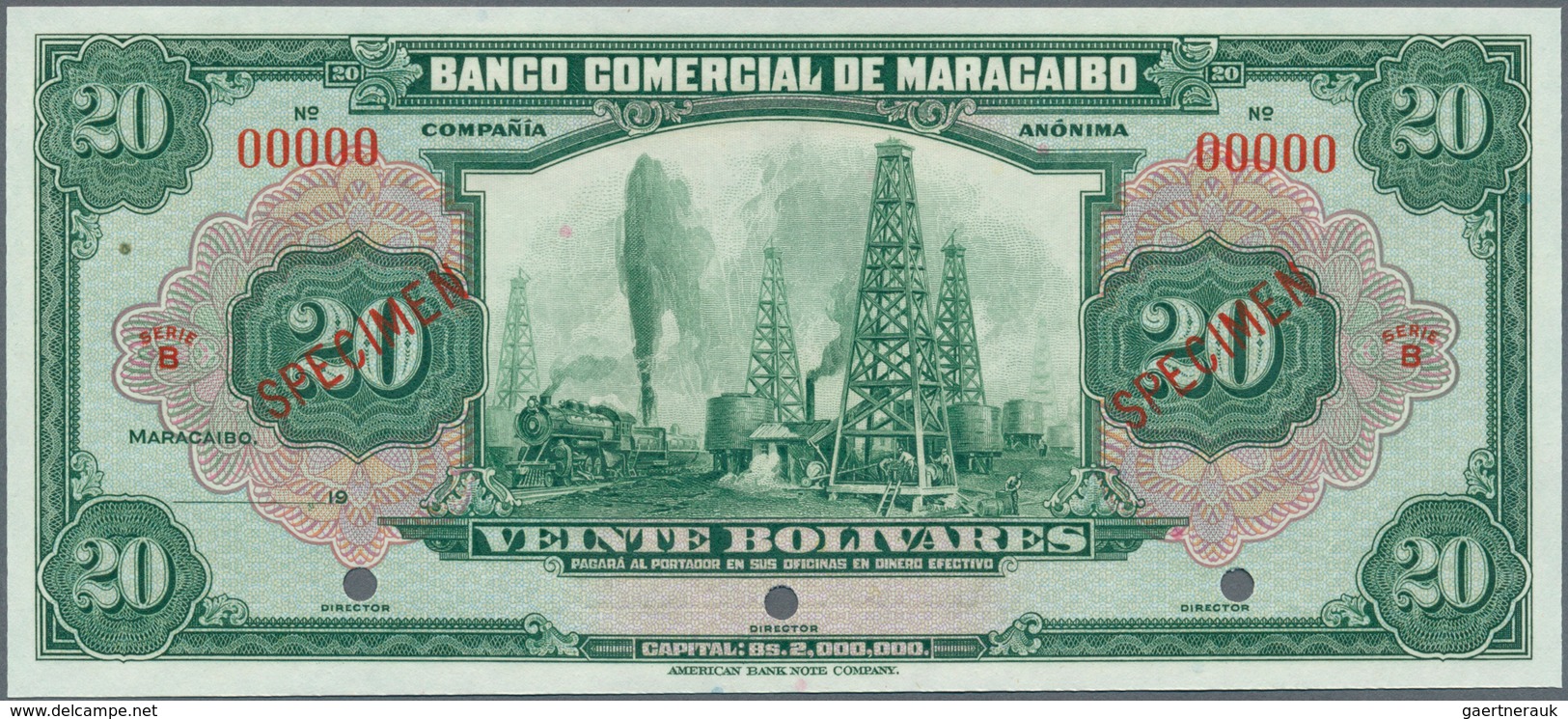 02608 Venezuela: Banco Comercial De Maracaibo 20 Bolivares Specimen Without Signatures And Date (1933-34), - Venezuela