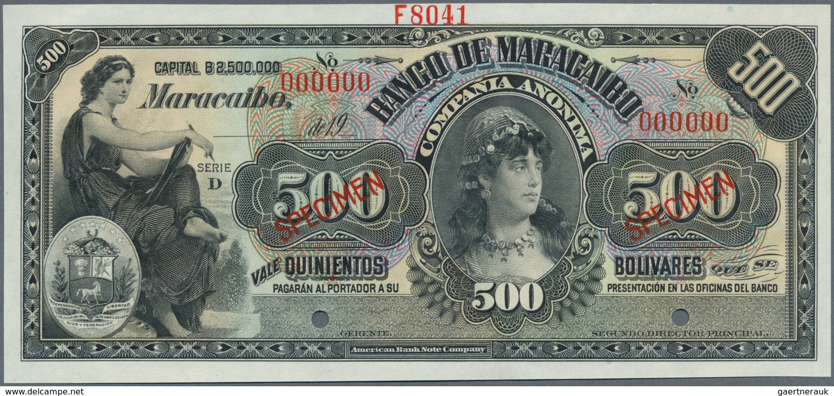 02609 Venezuela:  Banco De Maracaibo 500 Bolivares 1925/26 SPECIMEN, P.S229s, Punch Hole Cancellation At L - Venezuela