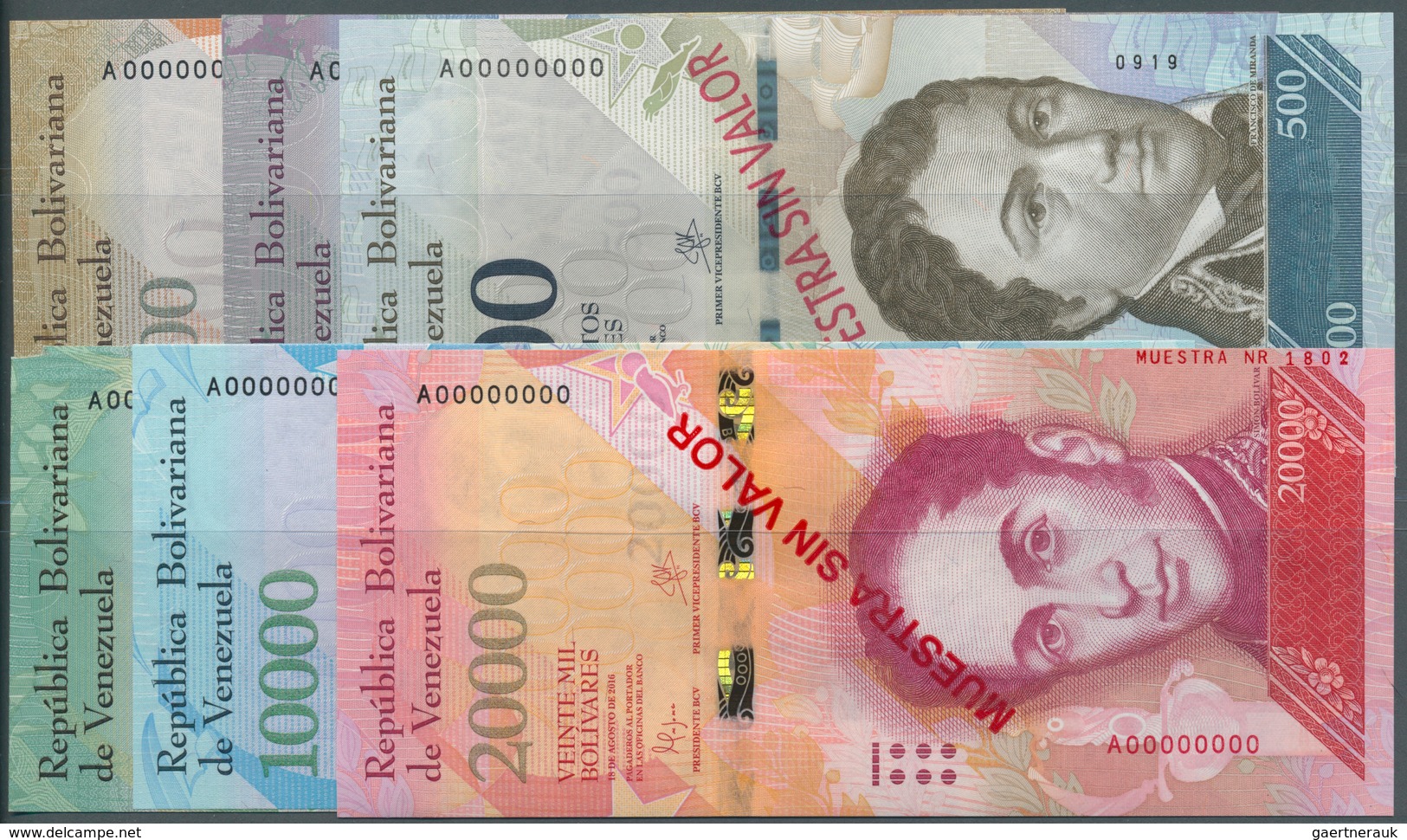 02610 Venezuela: Specimen Set With 6 Notes 500, 1000, 2000, 5000, 10.000 And 20.000 Bolivares Specimen 201 - Venezuela