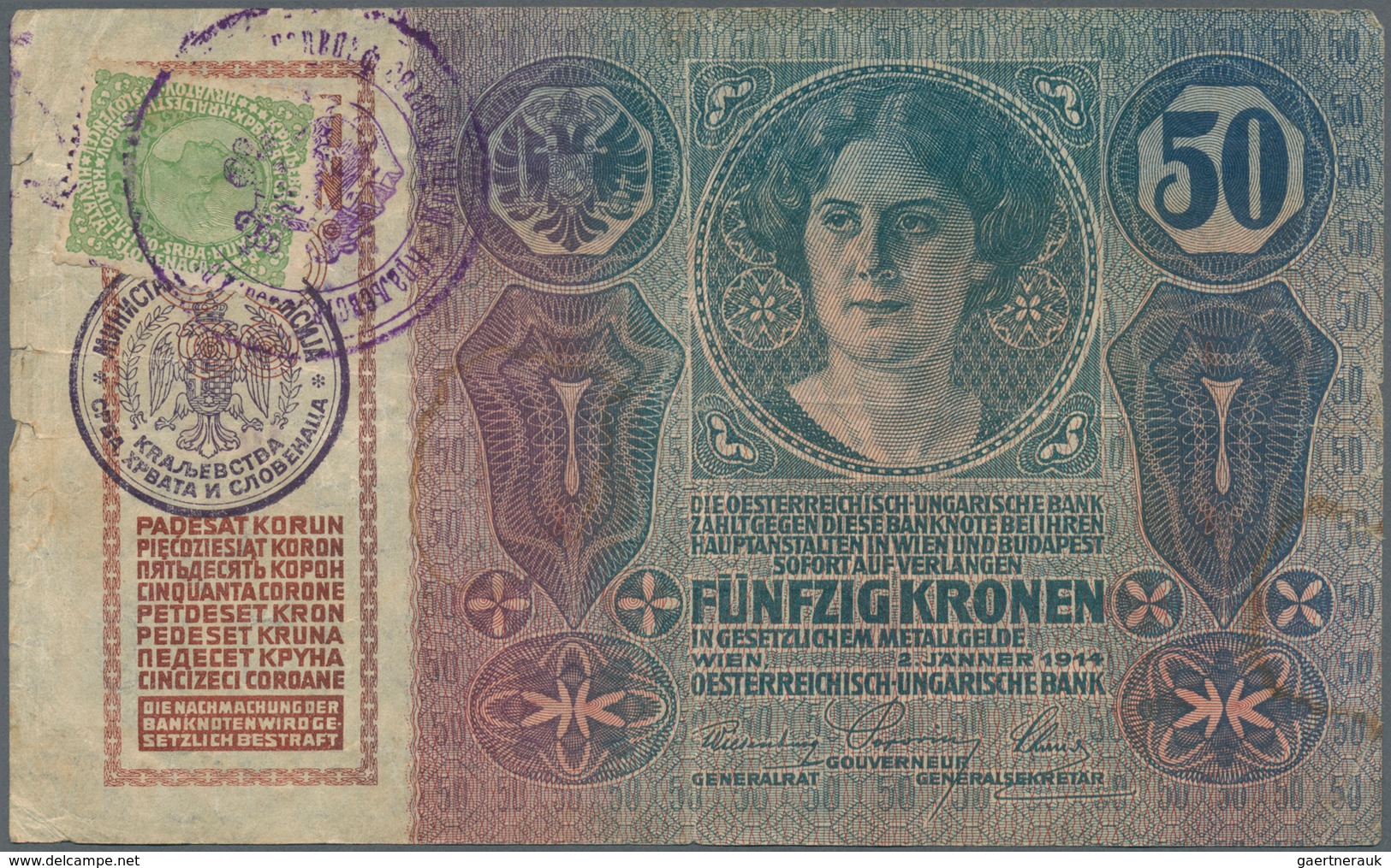 02623 Yugoslavia / Jugoslavien: 50 Kronen ND(1919), Adhesive Stamp On Austria # 15, P.8b, Used Condition W - Yugoslavia