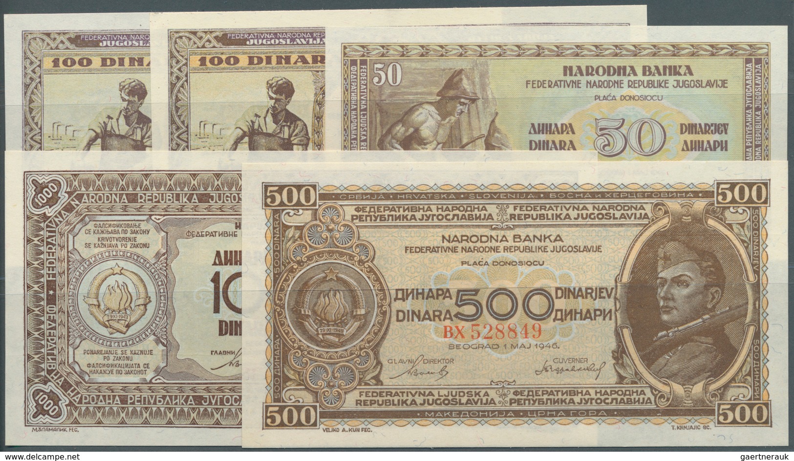 02626 Yugoslavia / Jugoslavien: Set With 5 Banknotes Of The 1946 Issue With 50, 2 X 100, 500 And 1000 Dina - Joegoslavië