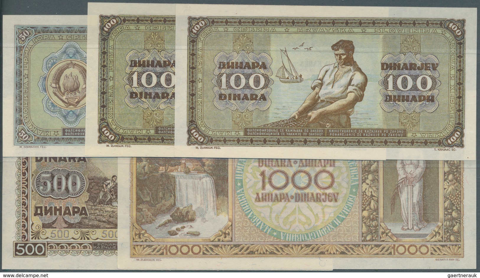 02626 Yugoslavia / Jugoslavien: Set With 5 Banknotes Of The 1946 Issue With 50, 2 X 100, 500 And 1000 Dina - Yugoslavia