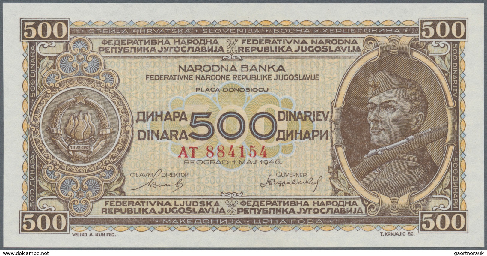 02627 Yugoslavia / Jugoslavien: 500 Dinars 1946 P. 66 In Crisp Original Condition: UNC. - Jugoslavia