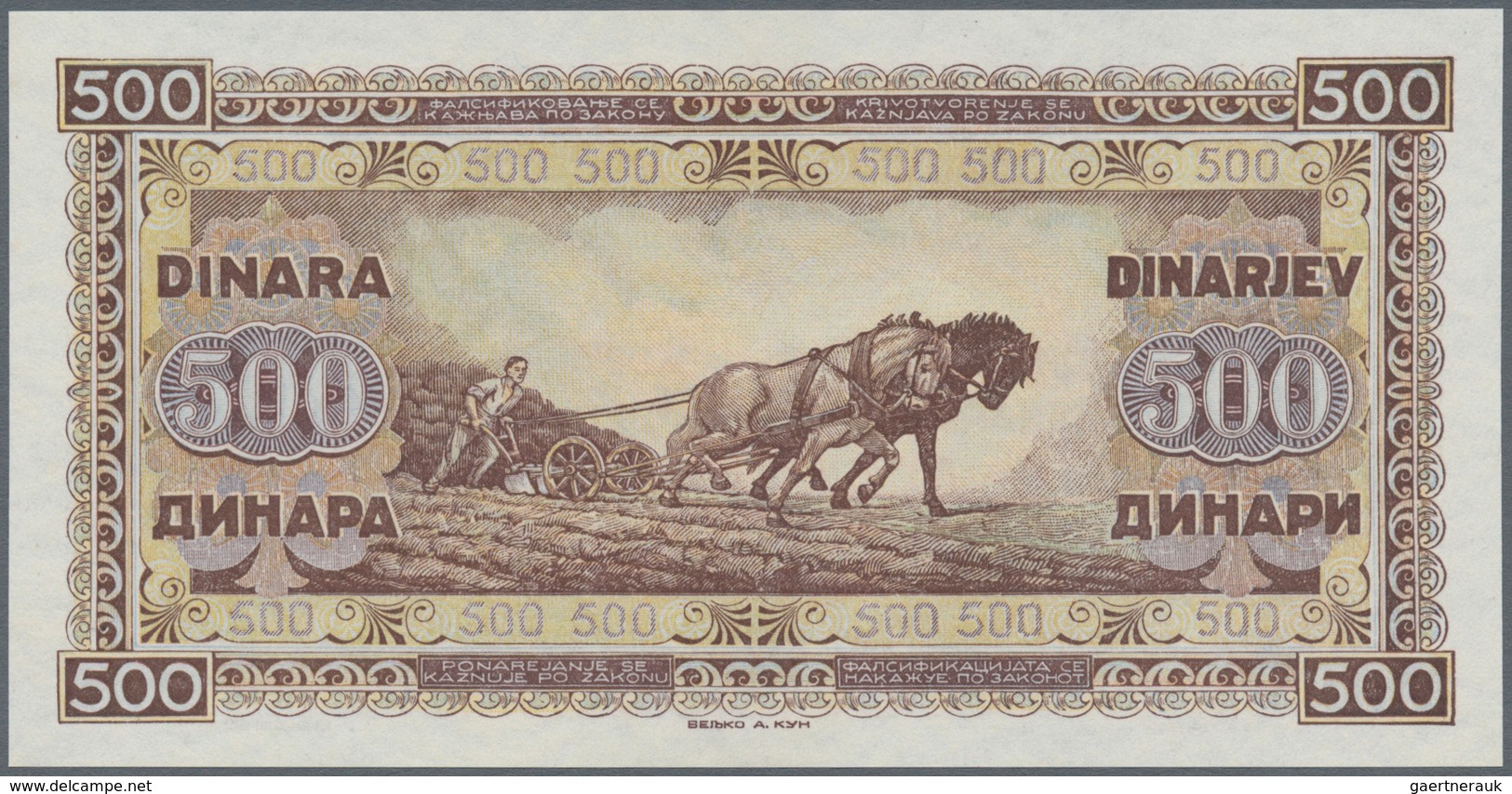 02627 Yugoslavia / Jugoslavien: 500 Dinars 1946 P. 66 In Crisp Original Condition: UNC. - Yugoslavia