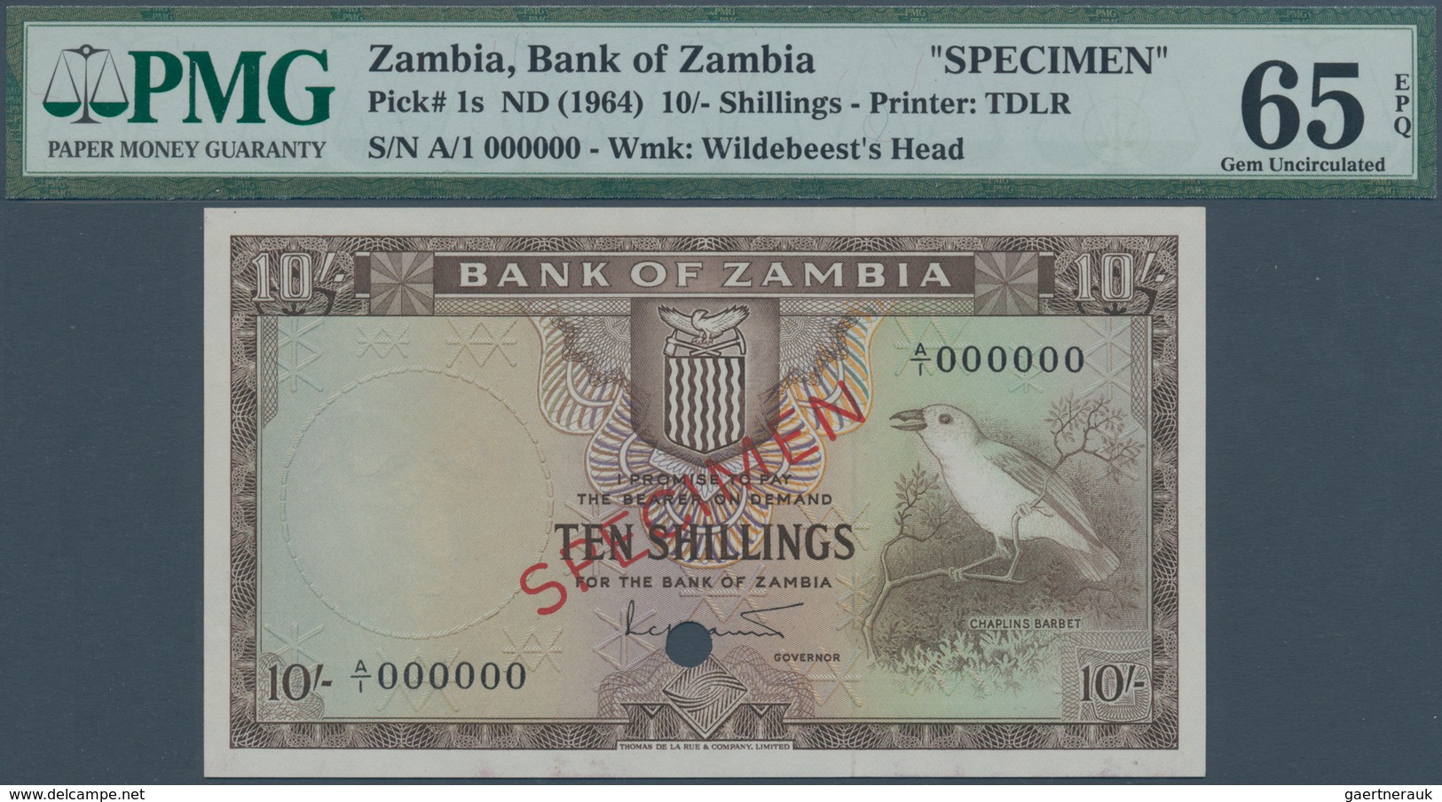 02630 Zambia / Sambia: 10 Shillings ND(1964) SPECIMEN P. 1s In Condition: PMG Graded 65 GEM UNC EPQ. - Zambia