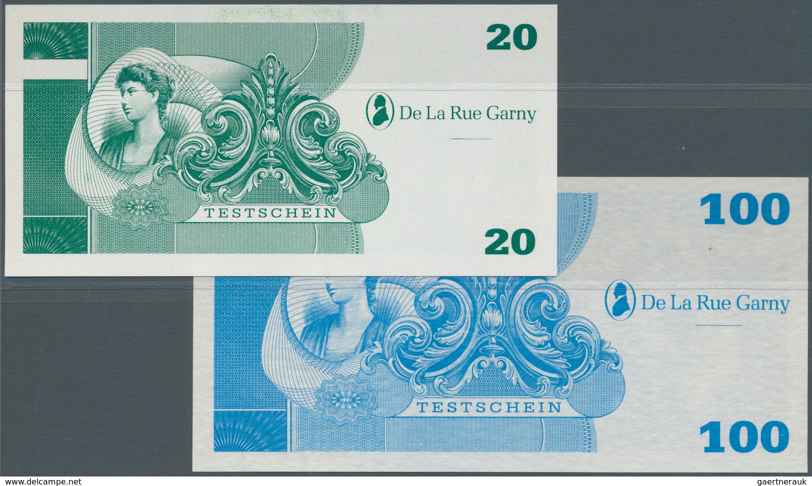 02631 Testbanknoten: Test Notes 20 And 100 De La Rue Garny In UNC Condition (2 Pcs.) - Specimen