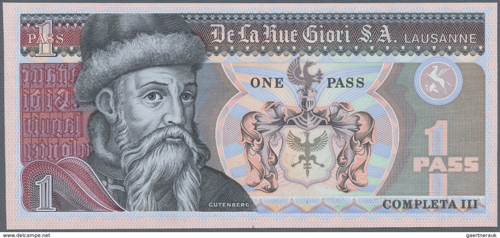 02632 Testbanknoten: Test Note DE LA RUE GIORI S.A. With Portrait Gutenberg, "1 Pass Completa" Print, Inta - Specimen