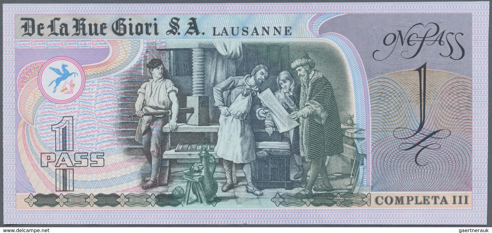 02632 Testbanknoten: Test Note DE LA RUE GIORI S.A. With Portrait Gutenberg, "1 Pass Completa" Print, Inta - Specimen