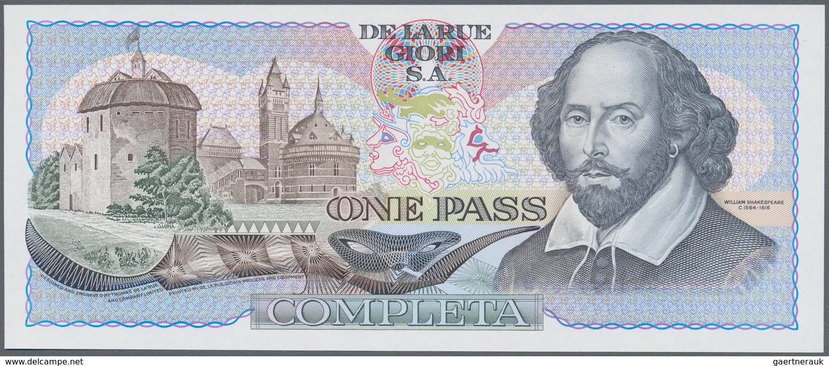 02633 Testbanknoten: Test Note Printed By De La Rue Giori, One Side With Plate Of DLR (Shakespeare), The O - Specimen