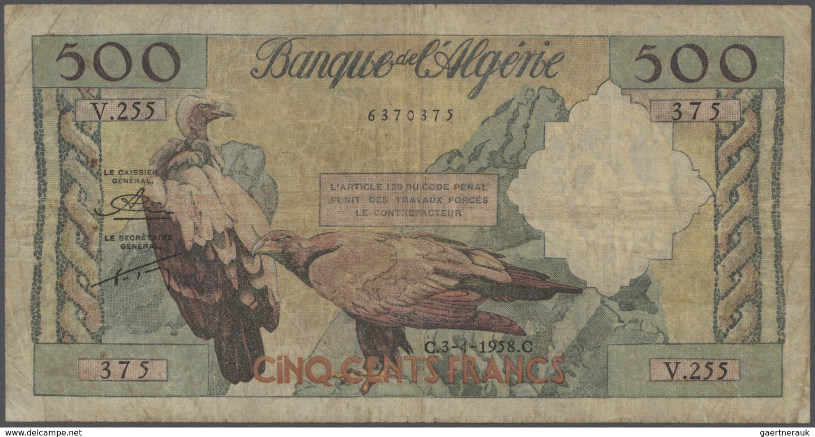02708 Algeria / Algerien: Set With 4 Banknotes 500 Francs 1958 P.117 (F-), 100 Dinars 1964 P.125 (F), 5 Di - Algerije