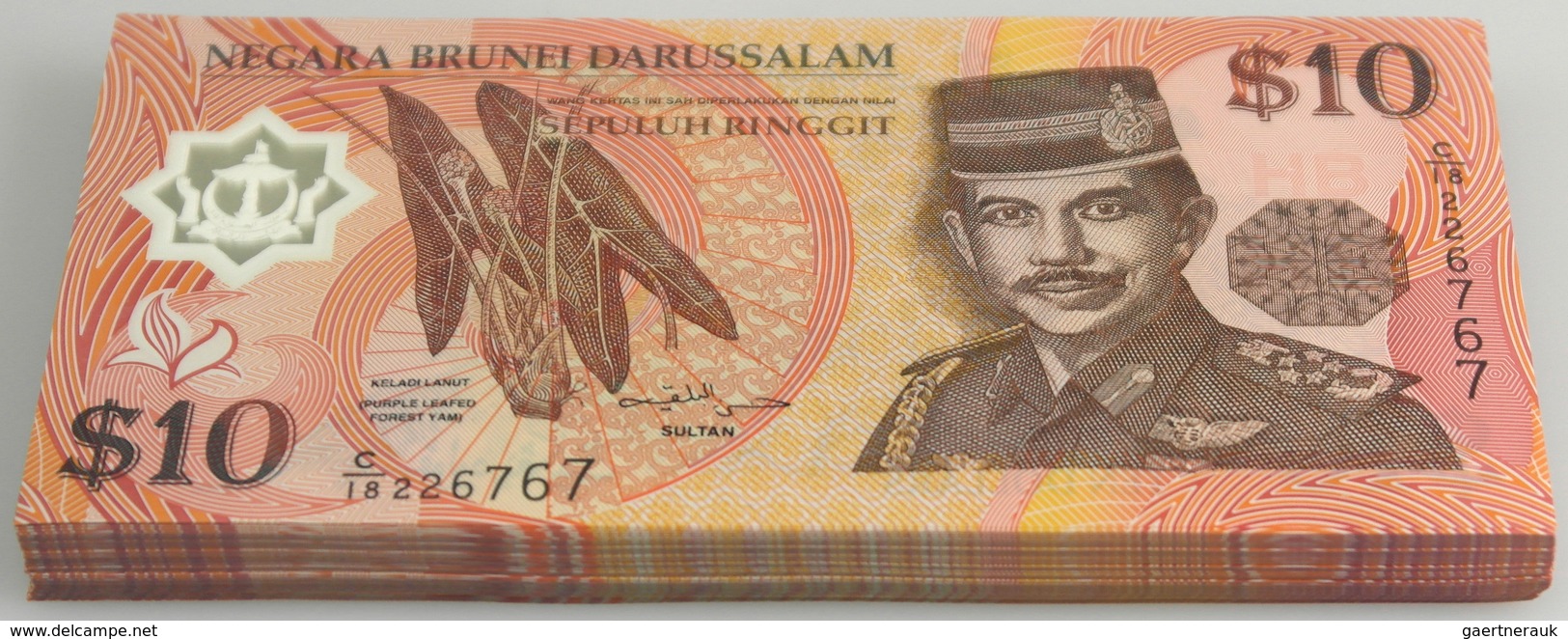 02736 Brunei: Bundle With 100 Pcs. 10 Ringgit 2008, Extraordinary Rare Date, P.24c In UNC Condition (100 P - Brunei