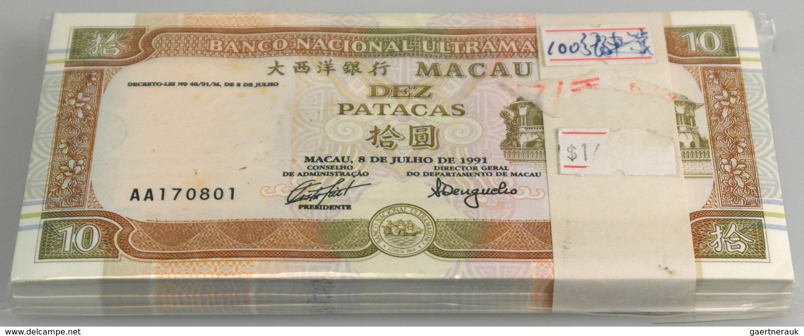 02813 Macau / Macao: Full Bundle Of 100 Pcs 10 Patacas 2001 P. 76a In UNC. (100 Pcs) - Macau