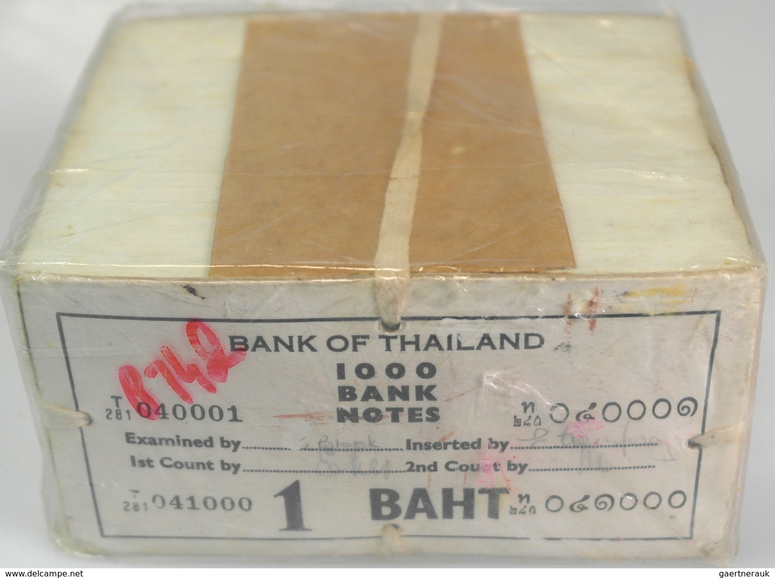 02875 Thailand: Very Rare And Seldom Seen And Unopened Original Brick Of 1000 Pcs 1 Baht ND(1955) P. 74 Wi - Thailand