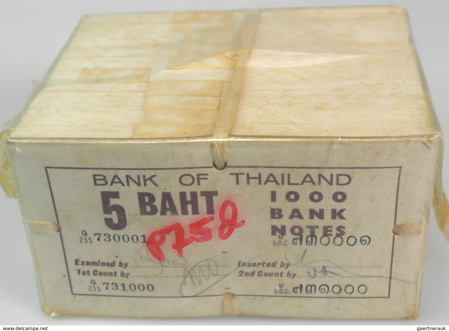 02876 Thailand: Very Rare And Seldom Seen And Unopened Original Brick Of 1000 Pcs 5 Baht ND(1955) P. 75 Wi - Thailand