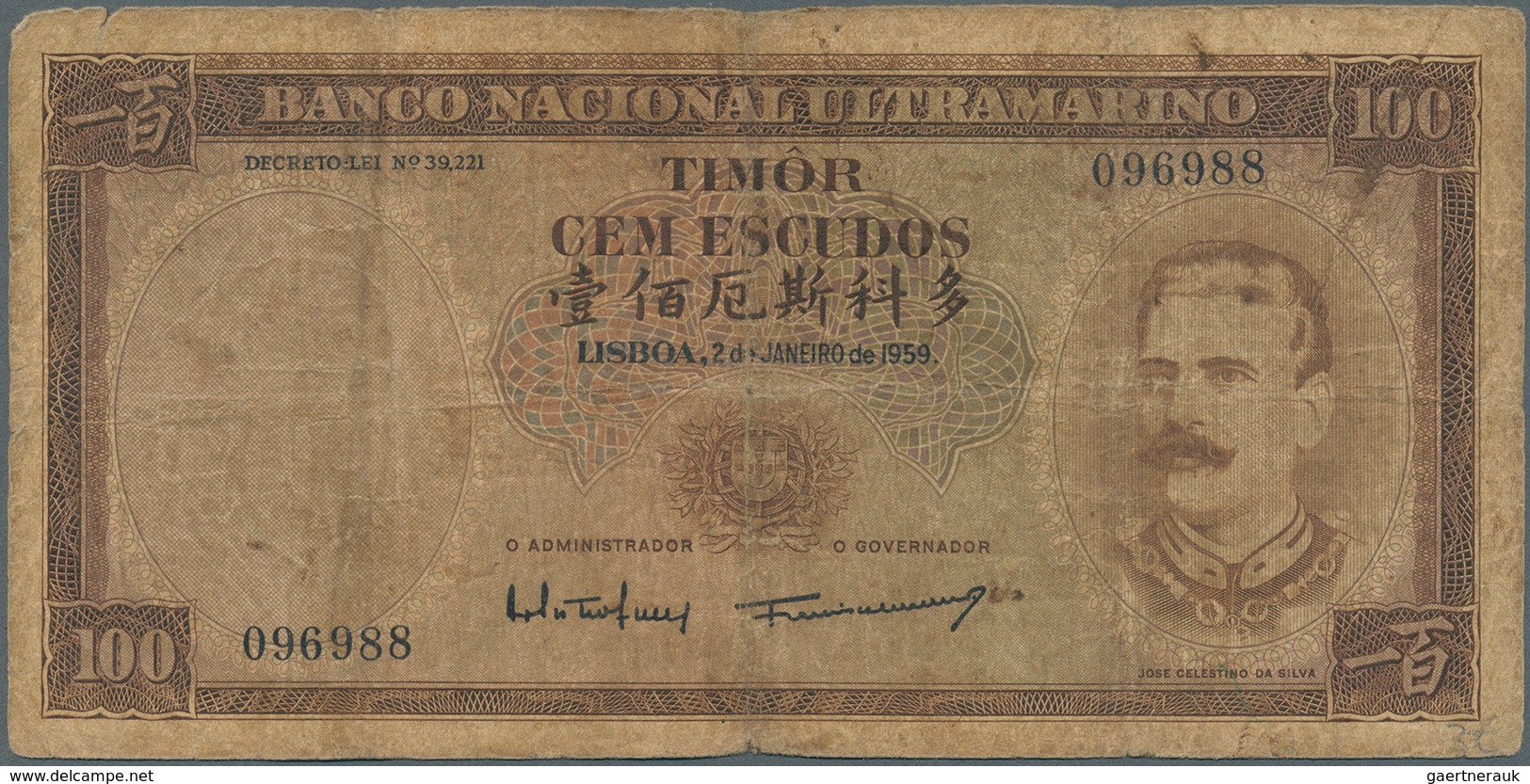 02880 Timor: About 100 Pcs 100 Escudos 1959, Stronger Used With Stain And Folds In Paper, Condition: VG. ( - Timor