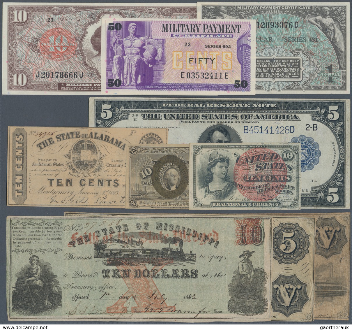 02892 United States Of America: Nice Lot Of About 50 Banknotes Of Fractional, Large Size, Obsolete And MPC - Andere & Zonder Classificatie