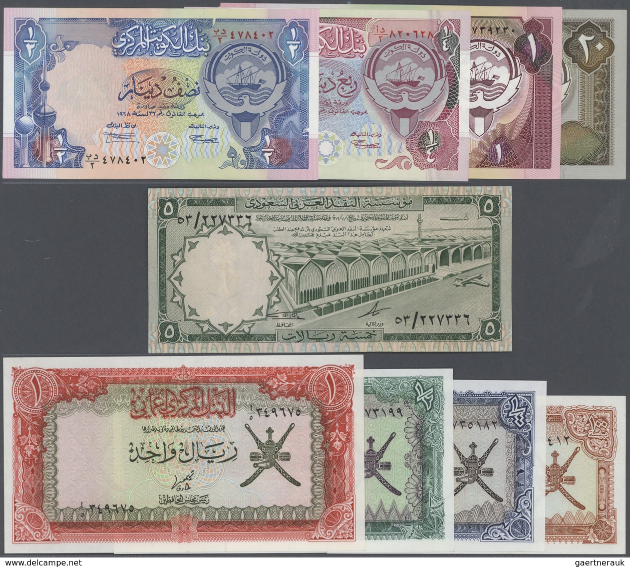 02924 Alle Welt: Set Of 9 Banknotes From Arabic Countries Containing: OMAN: 100 Baisa, 1/4, 1/2 And 1 Riya - Otros & Sin Clasificación