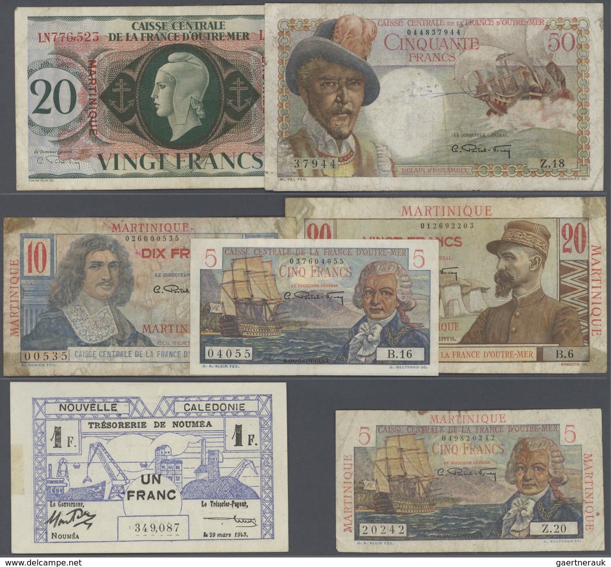 02927 Alle Welt: Set Of 7 Banknotes Containing New Caledonia 1 Franc 1943 P. 55 (XF), French Equatorial Af - Altri & Non Classificati