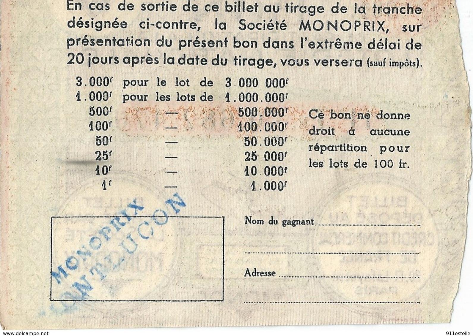 BON  DE PARTICIPATION  LOTERIE NATIONALE ( Offert Par MONOPRIX ) - Billets De Loterie