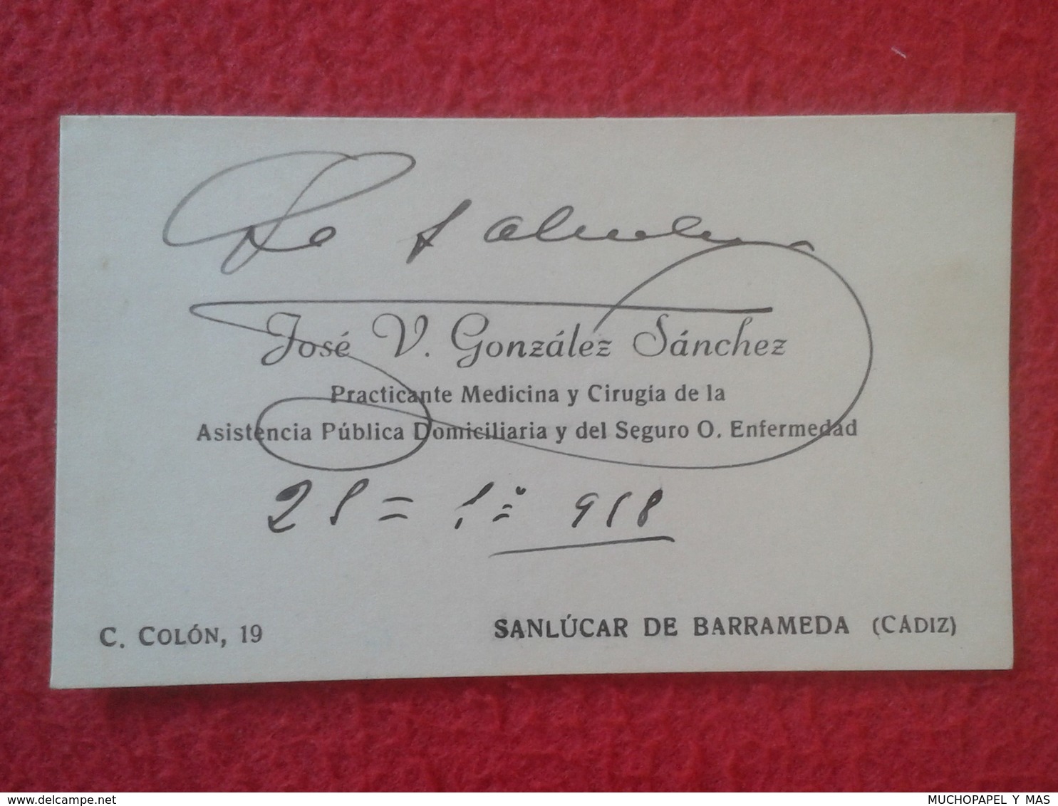 ANTIGUA TARJETA DE VISITA VISIT CARD PUBLICIDAD PUBLICITARIA O SIMIL AÑOS 1950 APROX. PRACTICANTE SANLUCAR DE BARRAMEDA - Tarjetas De Visita