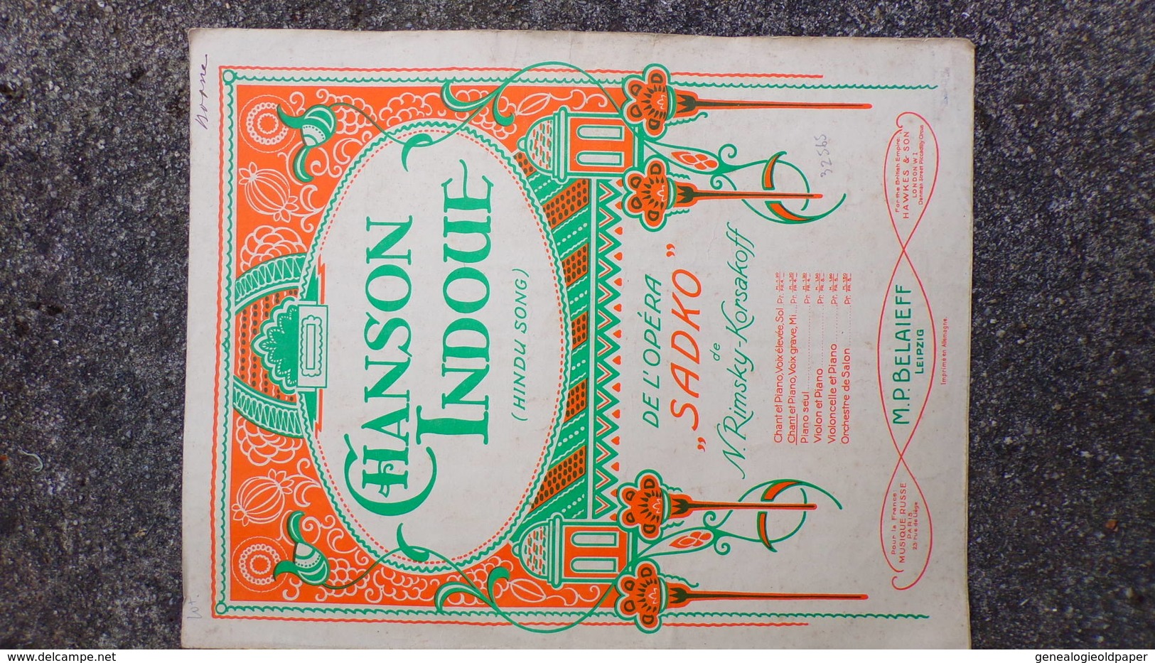 PARTITION MUSIQUE - CHANSON HINDOUE- HINDU SONG- DE L' OPERA SADKO RIMSKY KORSAKOFF- M.P. BELAIEFF LEIPZIG-HAWKES LONDON - Partituras