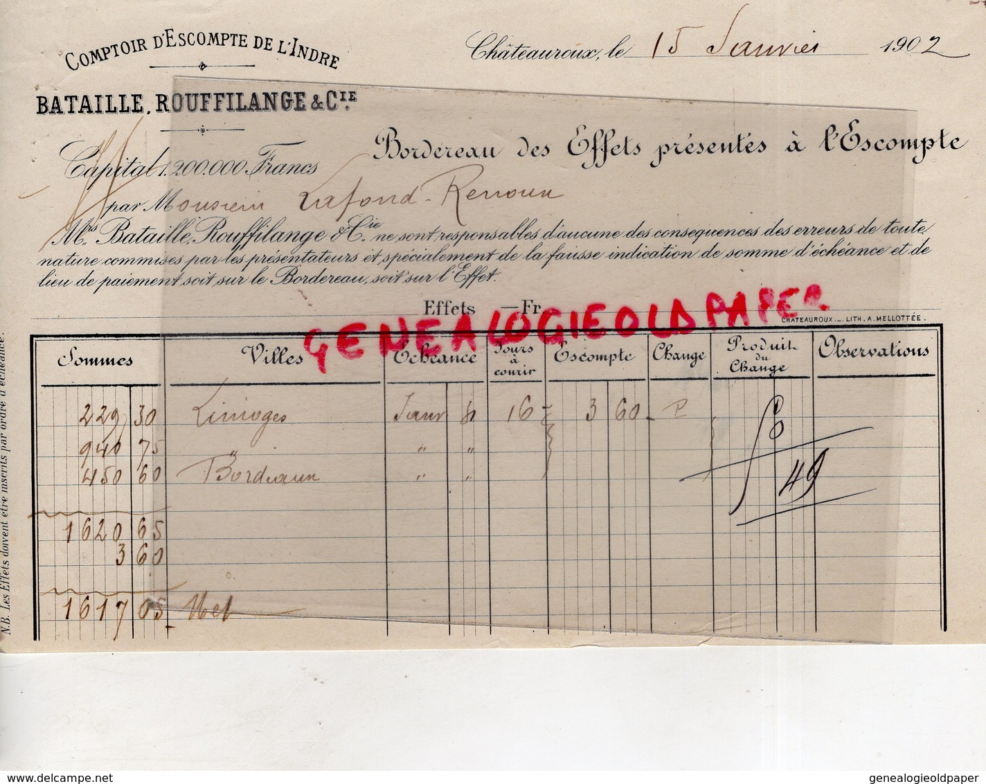 36- CHATEAUROUX-RARE BORDER COMPTOIR ESCOMPTE DE L' INDRE-BATAILLE ROUFFILANGE-1902- A LAFOND RENOUX ARGENTON SUR CREUSE - Bank En Verzekering