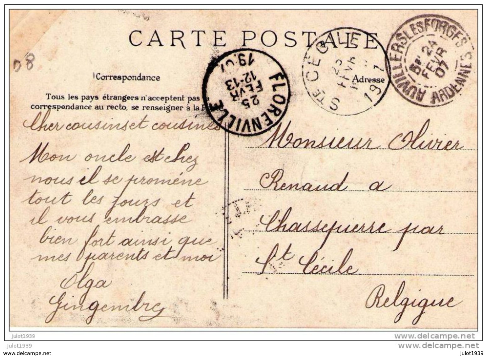 AUVILLERS - LES - FORGES ..-- 08 ..-- La Mairie .1907 Vers CHASSEPIERRE ( Mr Olivier RENAUD ) . Voir Verso . - Charleville