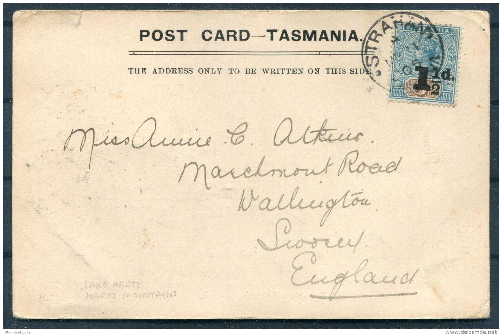 1905 Tasmania Lake Hartz, Hartz Mountains Postcard. Strahan - Wallington, Surrey - Covers & Documents