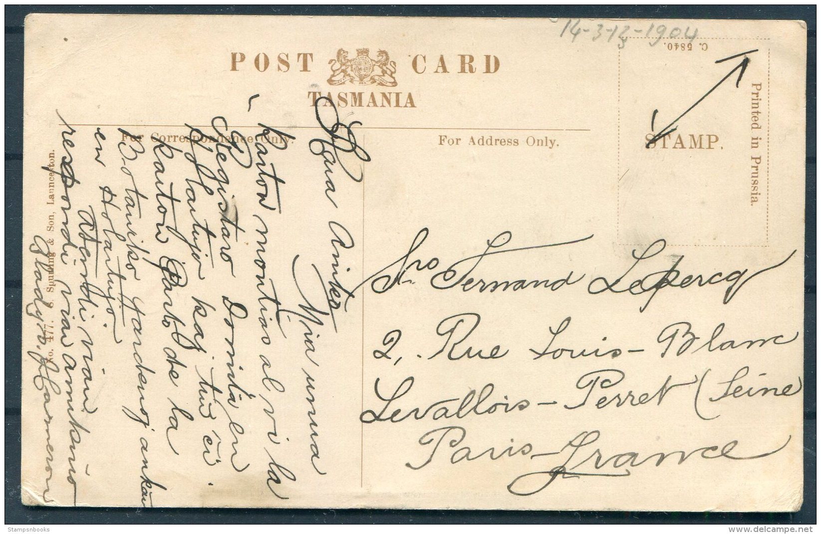 1904 Tasmania Botanical Gardens, Hobart Postcard. Lovett / Port Cygnet - Paris, France - Brieven En Documenten