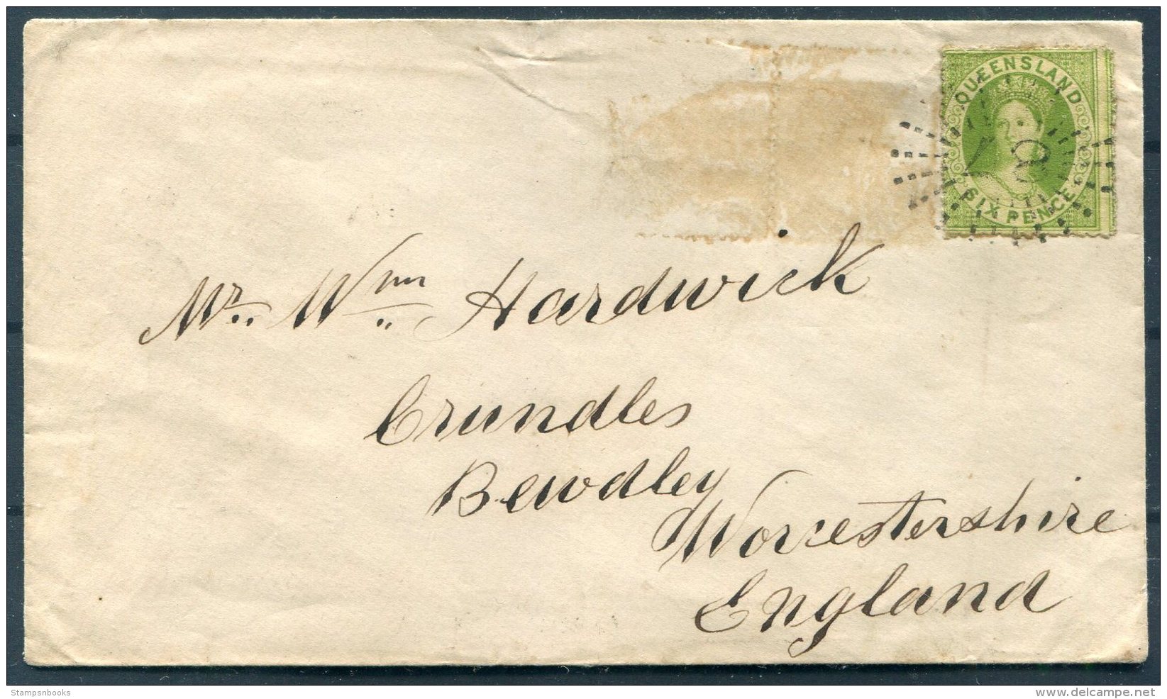 1866 Queensland 6d Chalon (SG 27?) Cover Ipswich - Bewdley, England Via Brisbane - Storia Postale