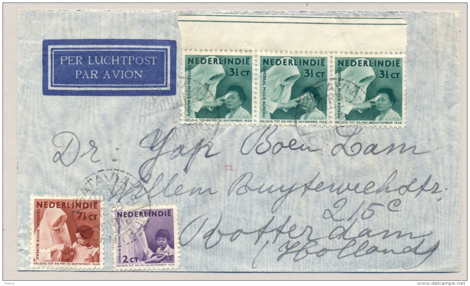 Nederlands Indië - 1938 - 5 Missie Zegels Op Cover Van Batavia Naar Rotterdam / Nederland - Nederlands-Indië