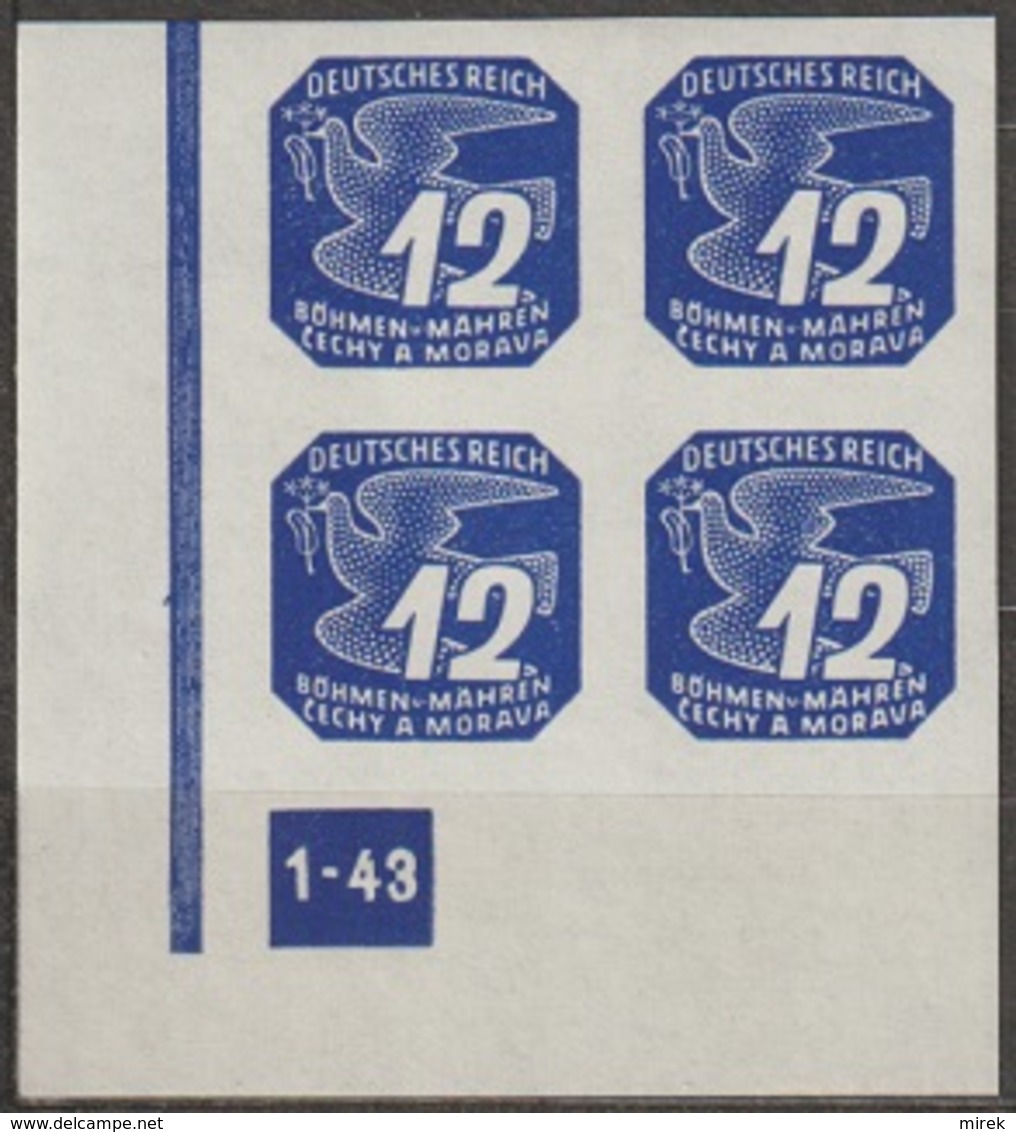 48/ Bohemia & Moravia - Newspaper Stamp; ** Nr. N 15; Corner 4block, Plate Number 1-43 - Ungebraucht