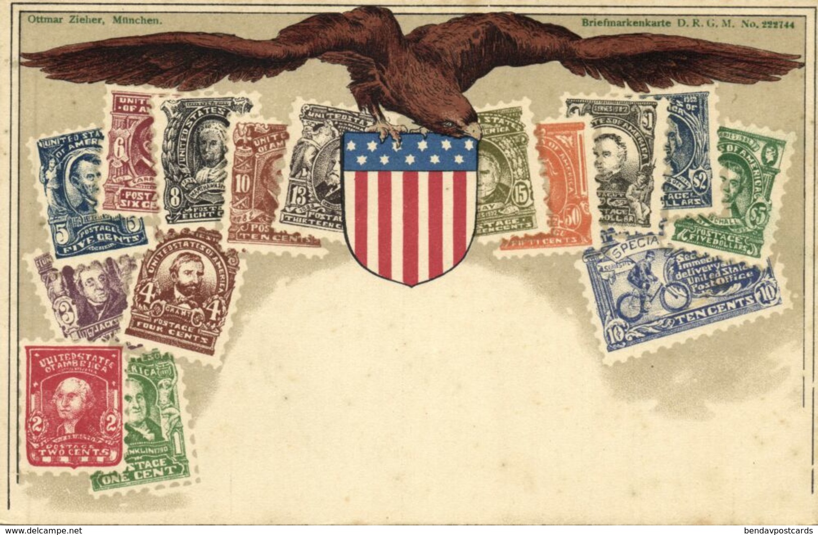 United States Of America, Stamp Collection, Coat Of Arms (1899) Postcard - Postzegels (afbeeldingen)