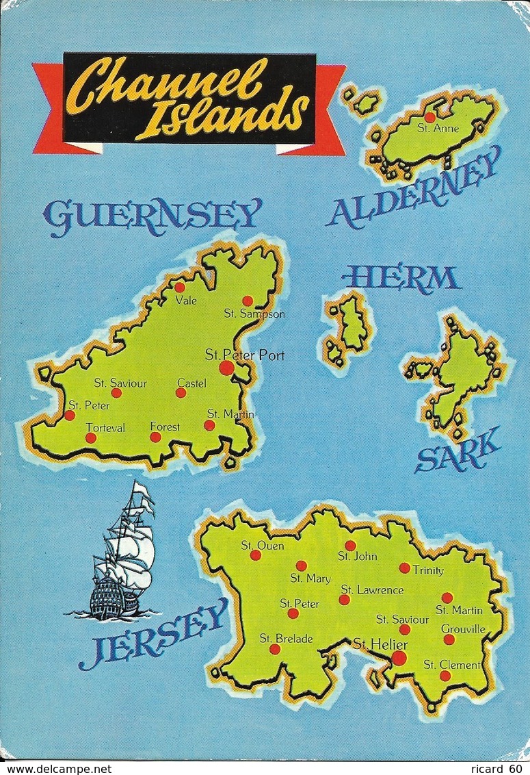 Cp Neuve , Carte Géographique Des Channel Islands, Jersey, Guernsey, îles Anglo-normandes, Sark, Herm, Alderney - Carte Geografiche