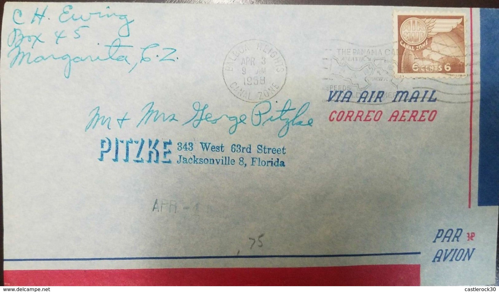 L) 1958 CANAL ZONE, 6C, BROWN, WORLD, AIRMAIL, CIRCULATED COVER FROM CANAL ZONE TO FLORIDA, XF - Canal Zone