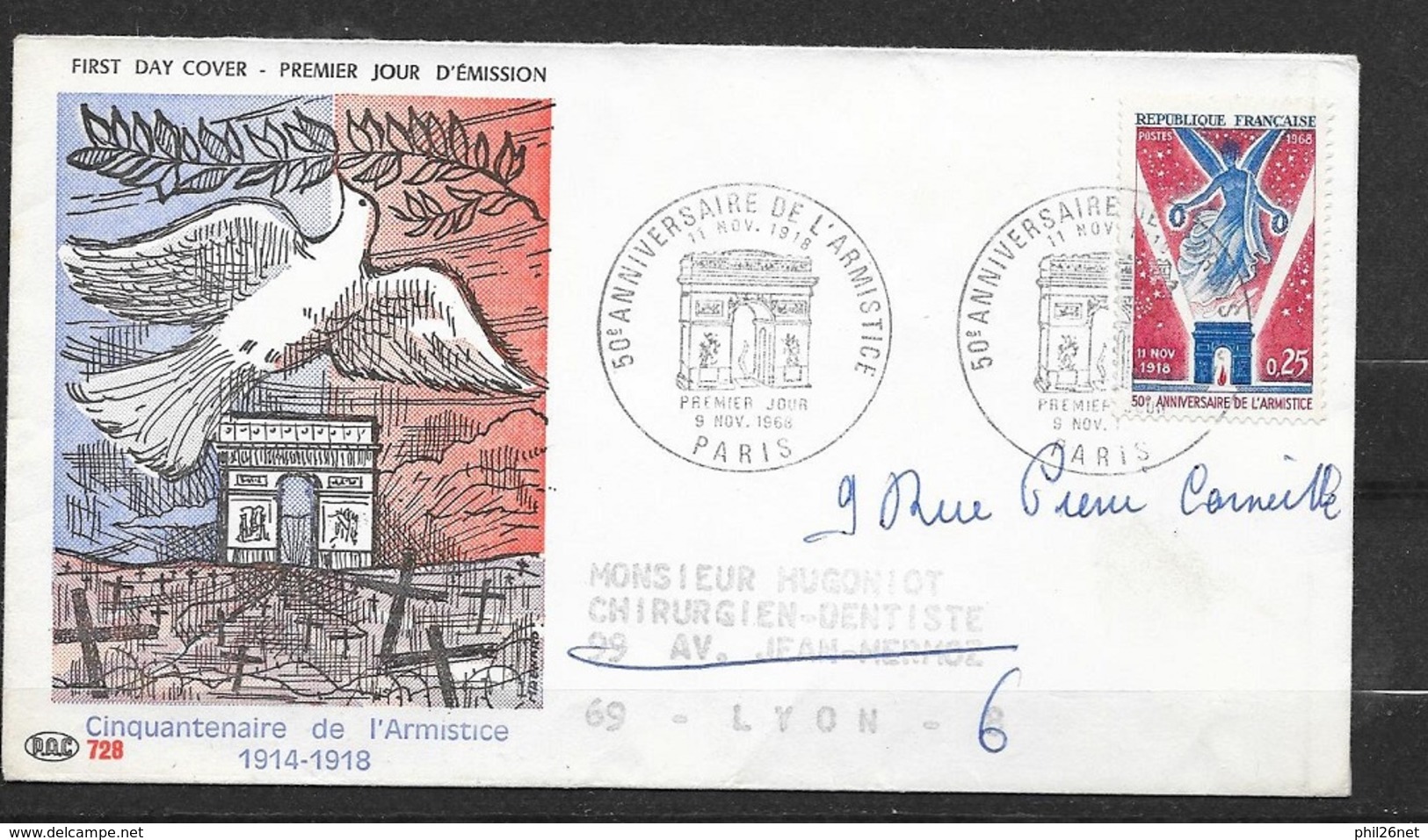 FDC Lettre  Premier Jour Circulé  Paris  09/11/1968 N°1576 Anniversaire D El'Armistice TB ... - Bolli Commemorativi