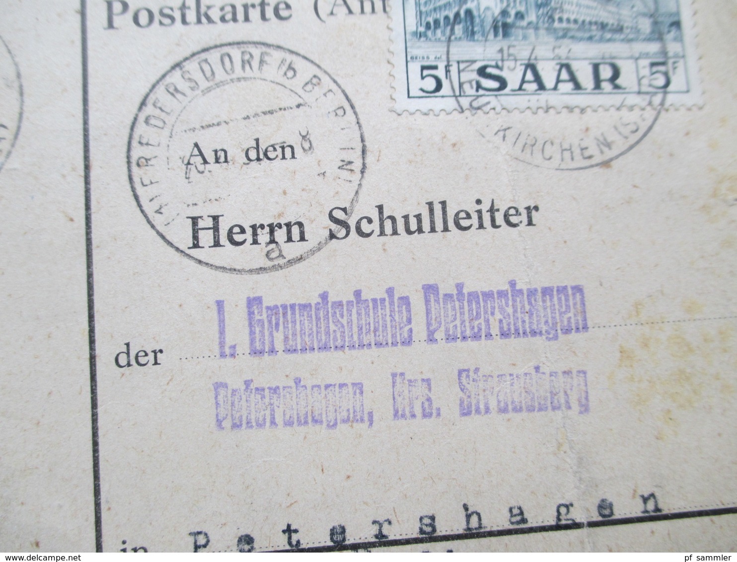 Saargebiet 1953 Postkarte Antwortkarte Aufnahmebescheinigung Evangelische Volksschule Hangard Saar. - Storia Postale