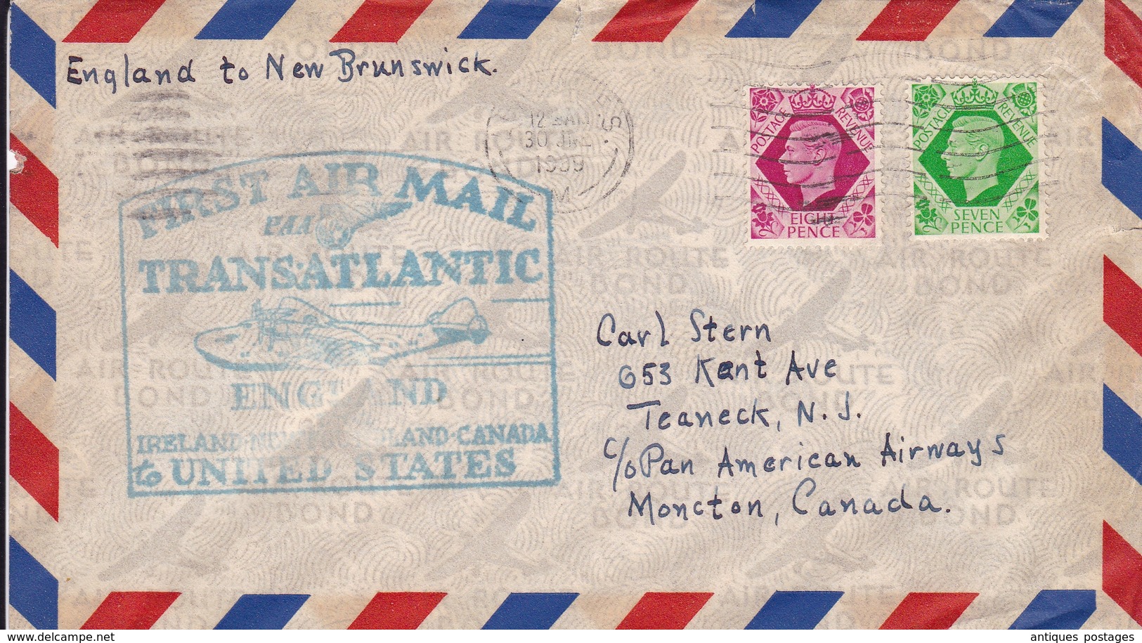 Lettre 1939 England First Air Mail Transatlantic Canada Teaneck New Jersey Moncton New Brunswick - Covers & Documents