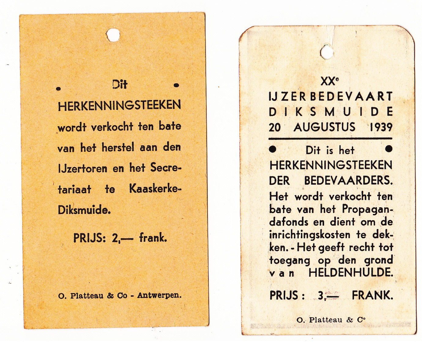 Herkenningsteeken Der Bedevaarders. (Ijzerbedevaart 1939 En 1940,litho 9/5 Cm - Tickets D'entrée