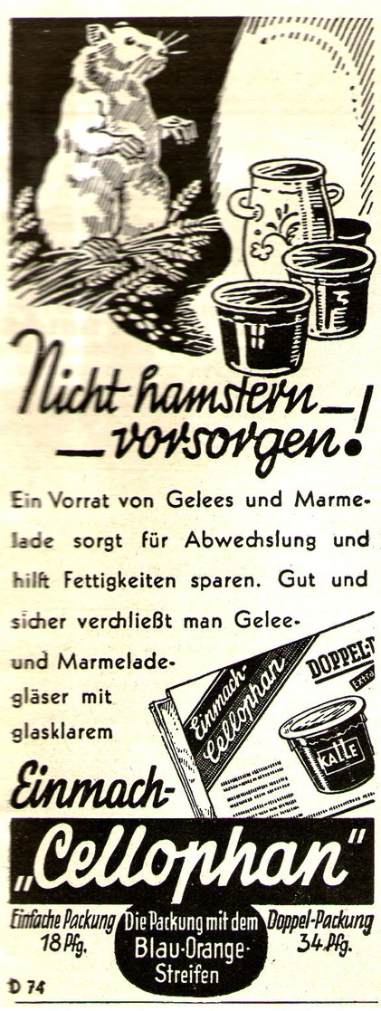 Original-Werbung/ Anzeige 1940 - CELLOPHAN / MOTIV HAMSTER - Ca. 45 X 120 Mm - Werbung