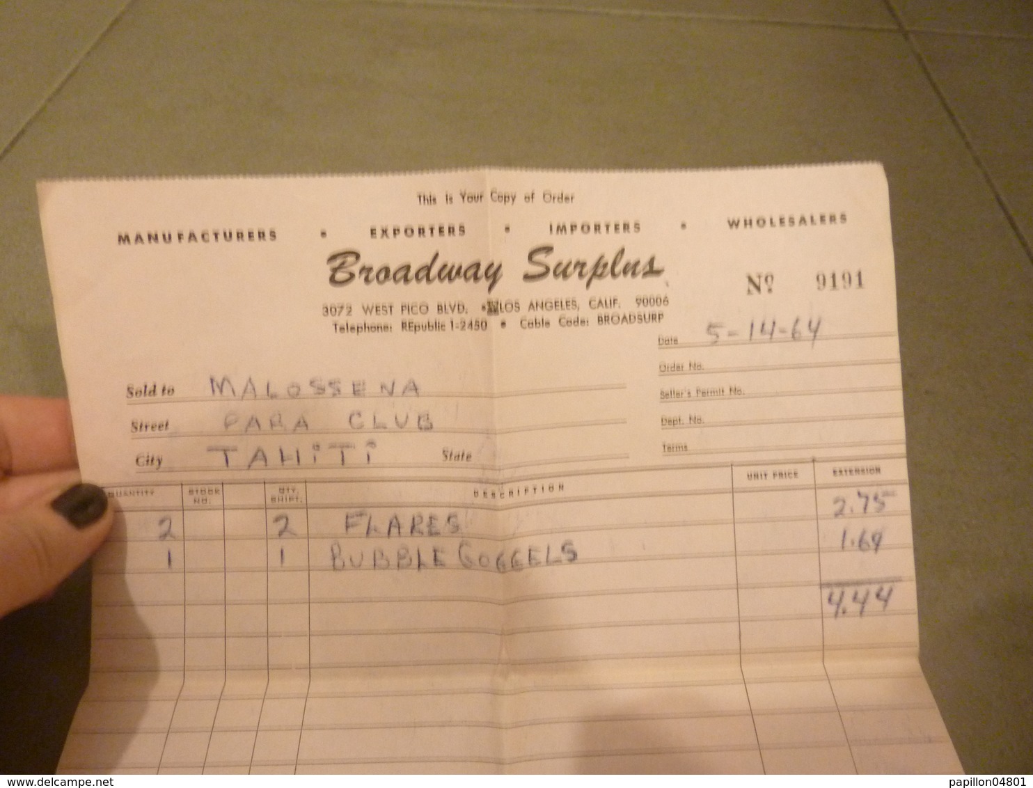 FACTURE BROADWAY SURPLUS LOS ANGELES CALIFORNIE  14/5/64 Tahiti - USA