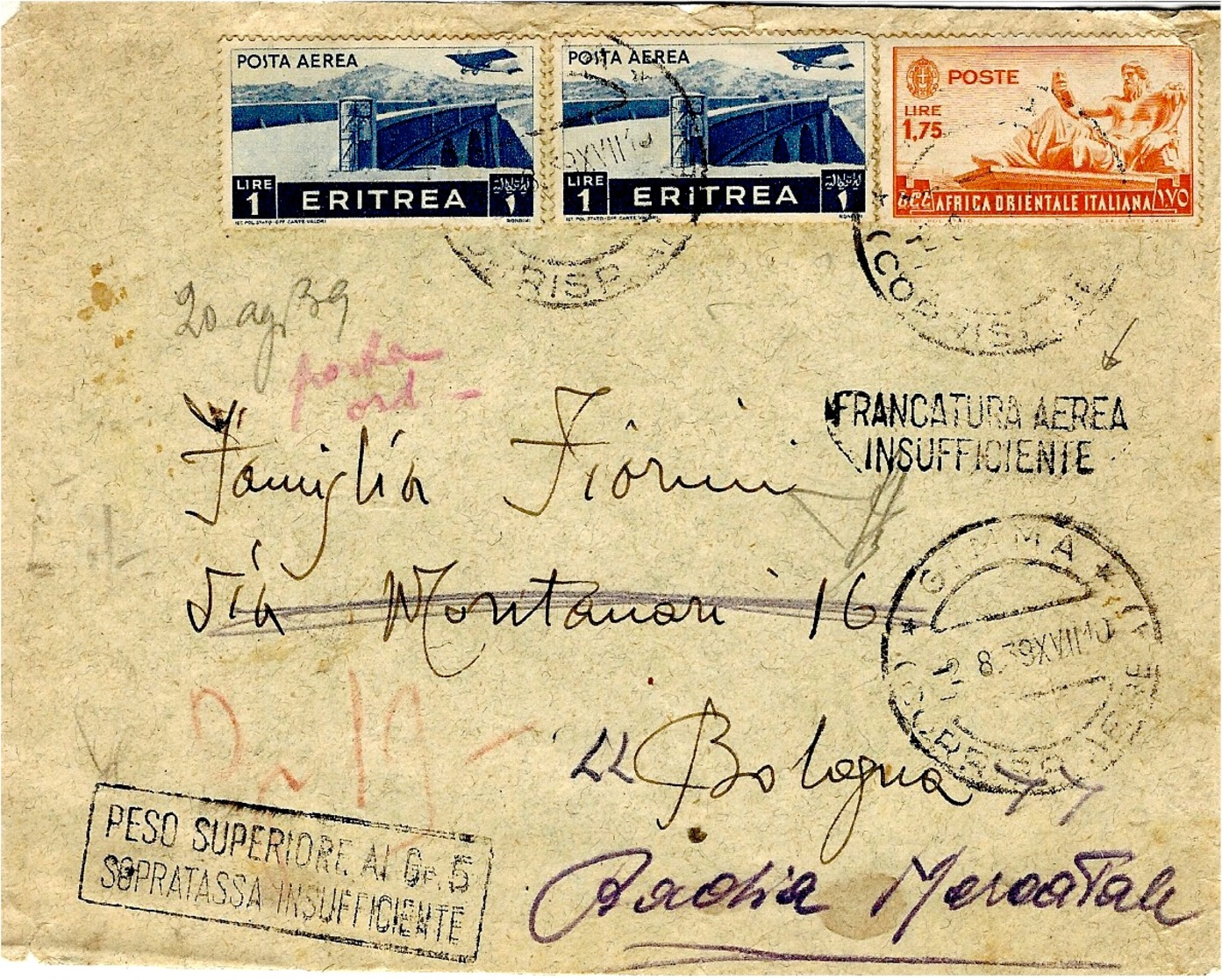 1939- Lettre PAR AVION De Gimma Affr. 3,75 Lit -" Peso Superiore Al Gr 5/Sopratassa Insufficiente " - Eritrée