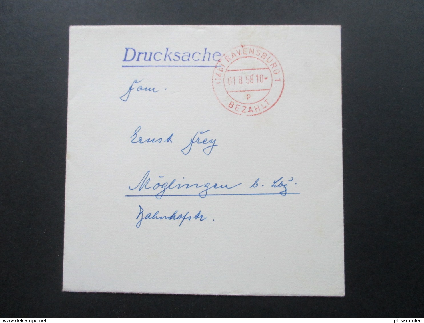 BRD 1958 Kleiner Briefumschlag Drucksache Roter Stempel Ravensburg 1 Bezahlt. Freistempel ?!? - Briefe U. Dokumente