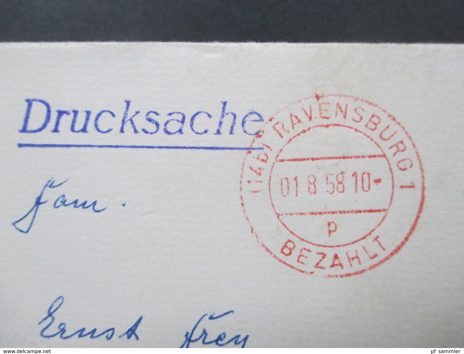 BRD 1958 Kleiner Briefumschlag Drucksache Roter Stempel Ravensburg 1 Bezahlt. Freistempel ?!? - Briefe U. Dokumente