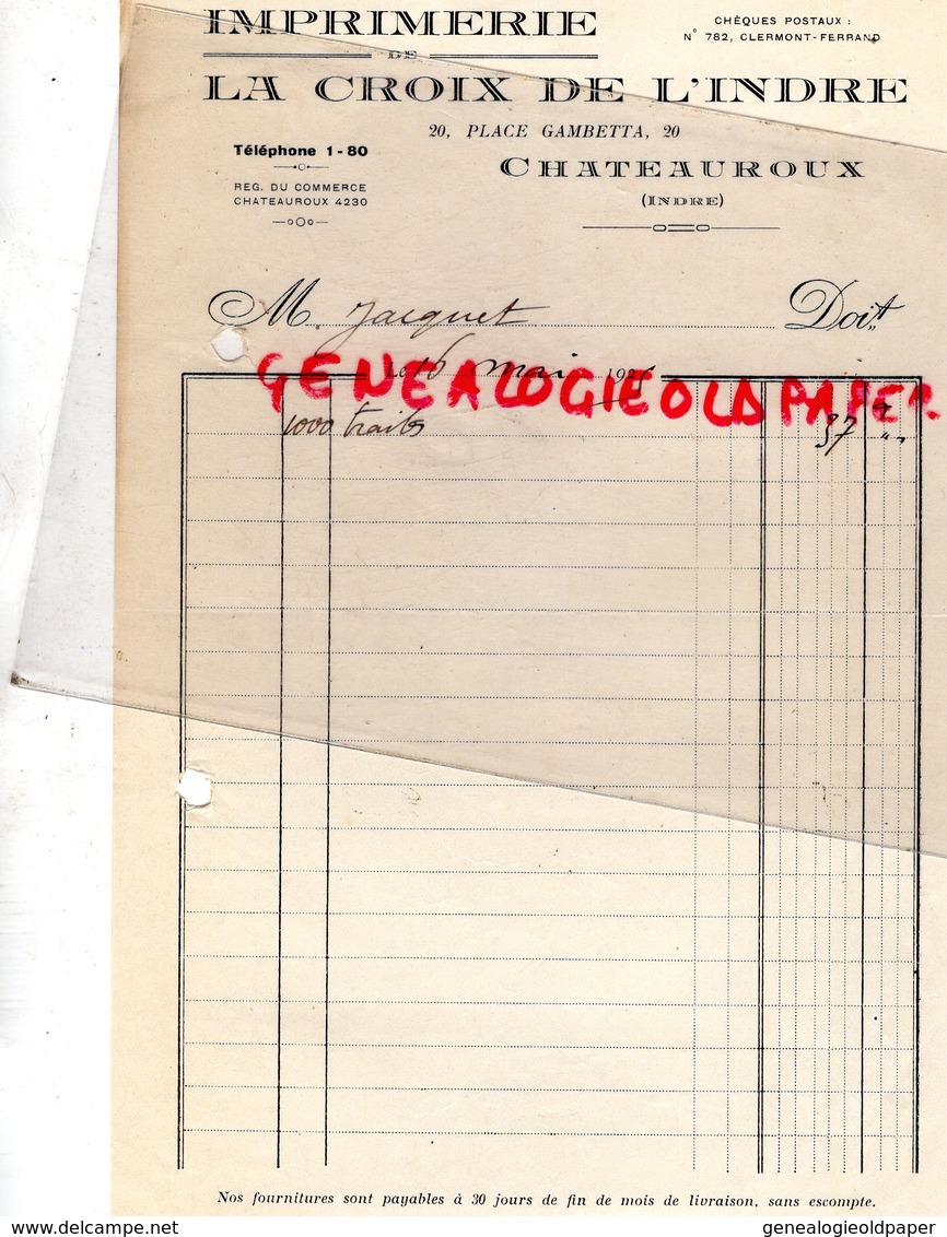 36- CHATEAUROUX- FACTURE IMPRIMERIE LA CROIX DE L' INDRE- 20 PLACE GAMBETTA- 1925 - Imprenta & Papelería