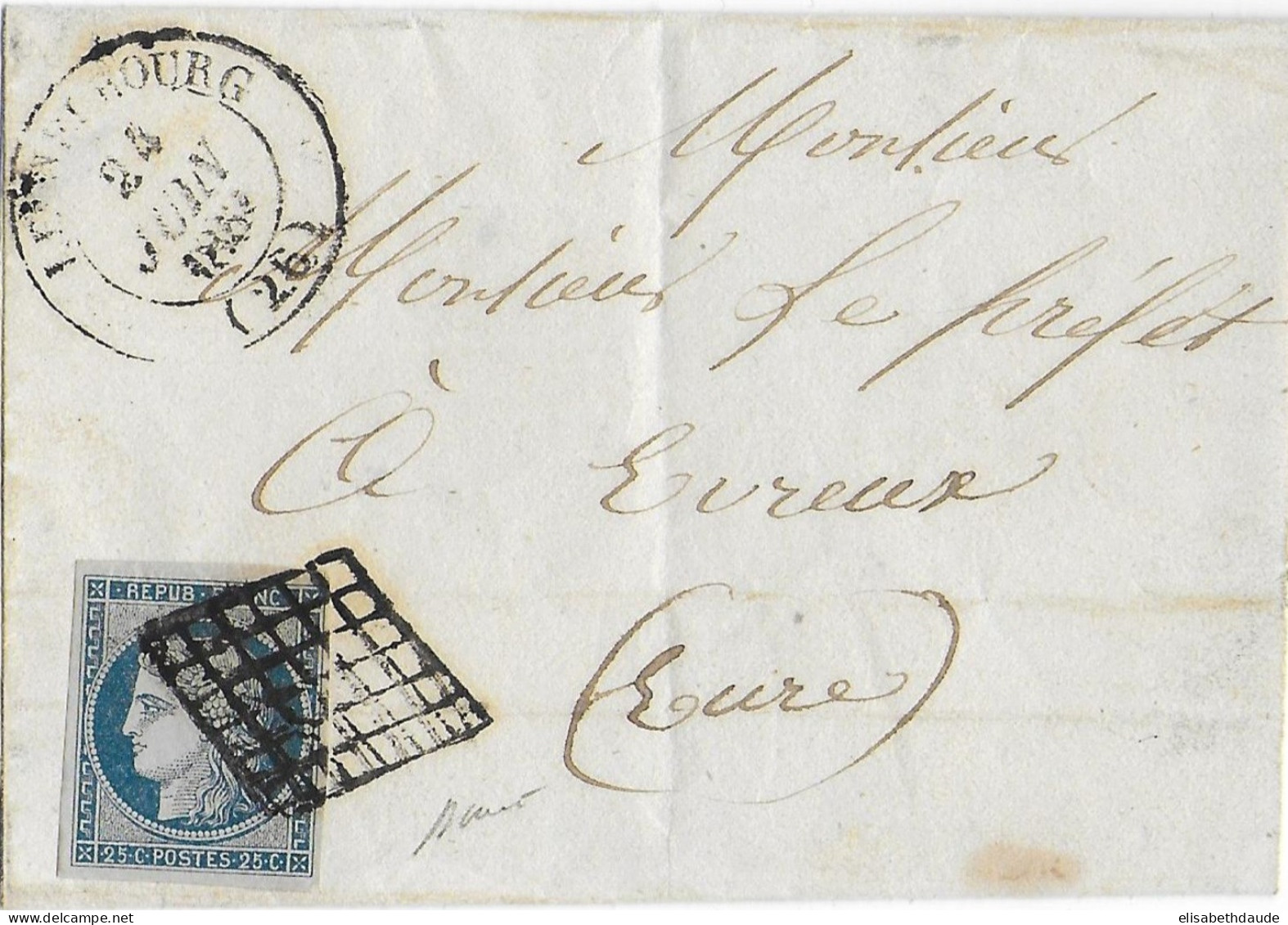 1851 - CERES 25C Sur LETTRE LSC De LE NEUBOURG (EURE) Avec GRILLE - IND 15 - 1849-1850 Ceres